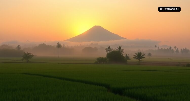 Agenda Kamis 1 Oktober 2026: Hari Kesaktian Pancasila, MDR QRIS 0 Persen Berlaku, dan Tiga Laga Penting Indonesia Ilustrasi AI matahari terbit di atas sawah dengan siluet gunung
