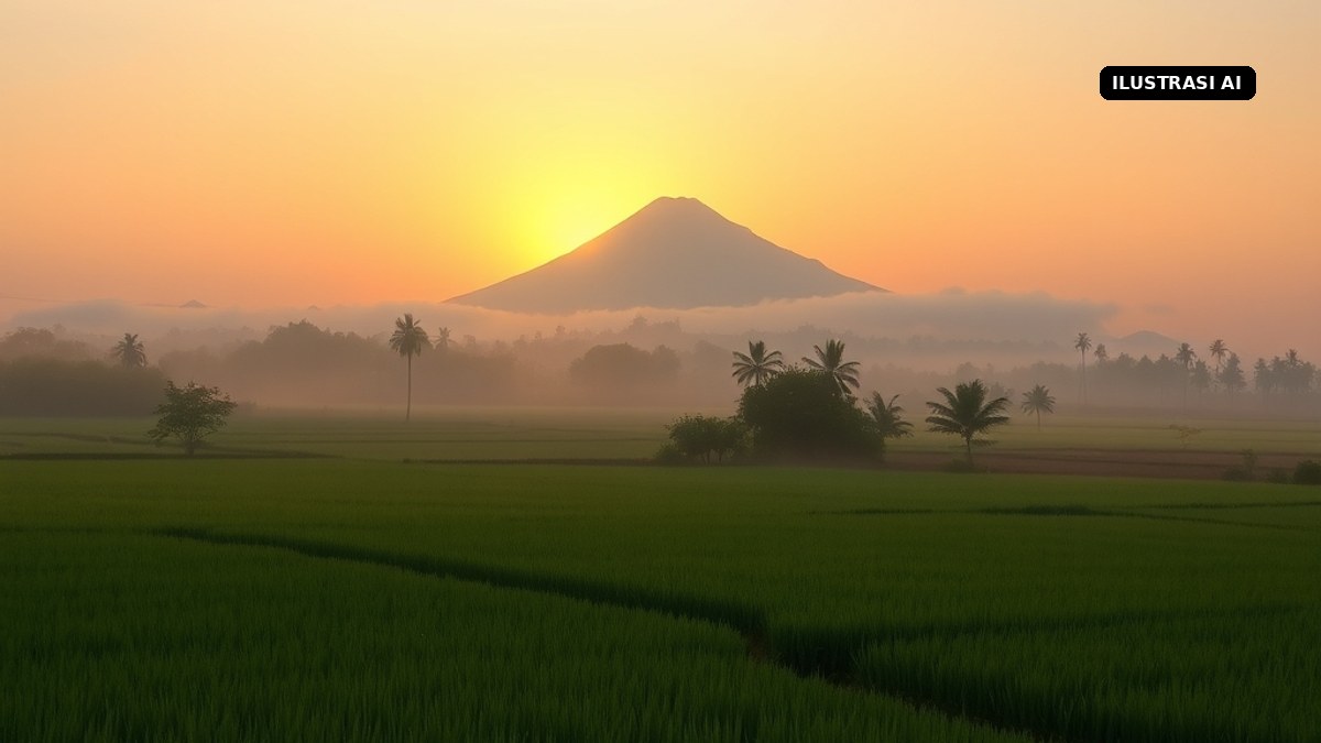 Ilustrasi AI matahari terbit di atas sawah dengan siluet gunung