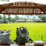 Ilustrasi AI dua ransel dan buku catatan di gazebo bambu tepi sawah