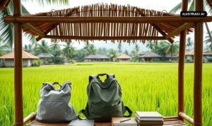 7.000 Mahasiswa KKN ke Klaten Tiap Tahun, Bapperida Minta Desa Petakan Masalah dan Potensi Ilustrasi AI dua ransel dan buku catatan di gazebo bambu tepi sawah