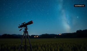 Ilustrasi AI teleskop di tepi sawah di bawah langit malam berbintang