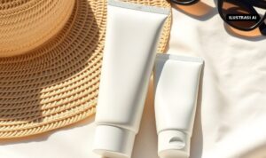Klaten Panas Terik, Ini 6 Cara Pilih dan Pakai Sunscreen yang Benar Menurut BPOM dan Dokter Ilustrasi AI botol tabir surya polos tanpa merek di atas kain dengan cahaya matahari