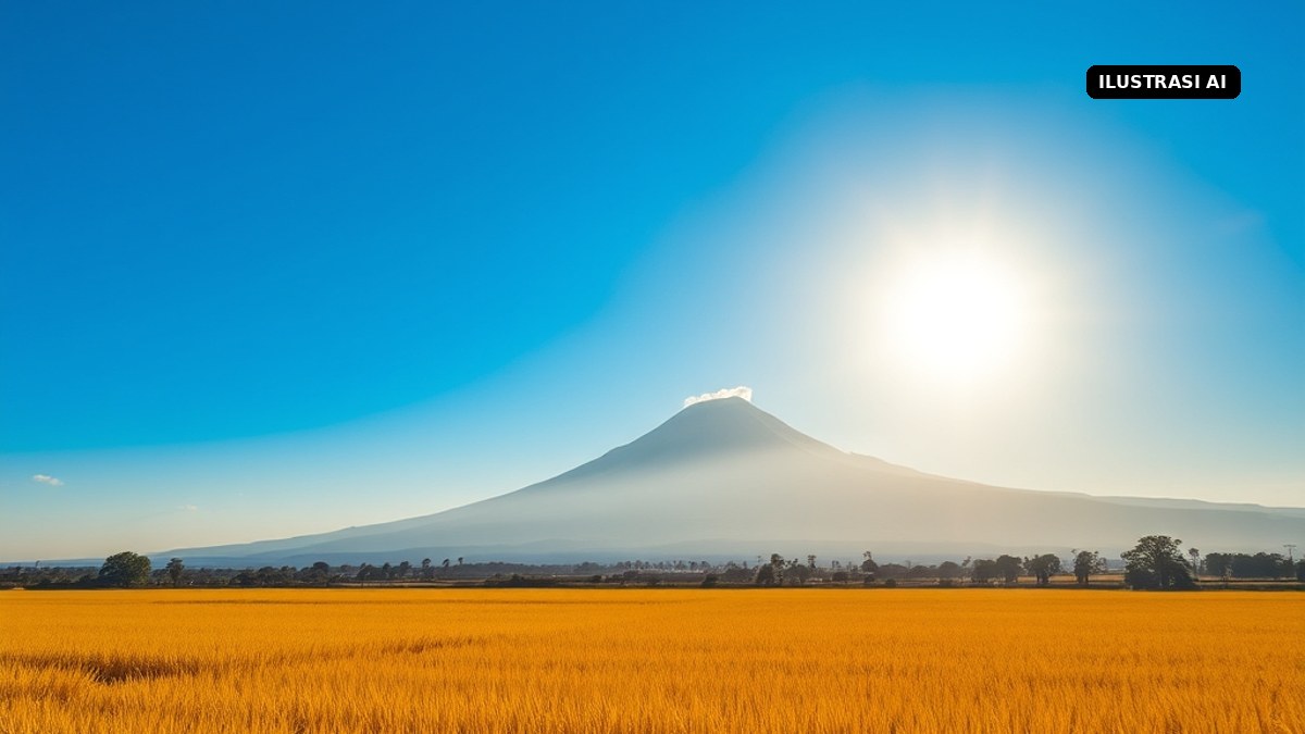 Ilustrasi AI langit cerah di atas sawah menguning dengan gunung di kejauhan