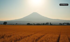 Ilustrasi AI langit cerah di atas sawah menguning dengan gunung di kejauhan
