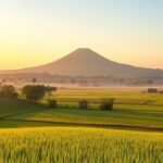 Ilustrasi AI pagi cerah di atas sawah dengan gunung di kejauhan