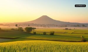 Ilustrasi AI pagi cerah di atas sawah dengan gunung di kejauhan