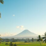 Ilustrasi AI langit pagi cerah di atas sawah dengan gunung di kejauhan