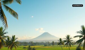 Cuaca Klaten Selasa 29 September 2026: Cerah, Sore Berawan, Siang 35 Derajat; Merapi Masih Siaga Ilustrasi AI langit pagi cerah di atas sawah dengan gunung di kejauhan