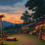 Ilustrasi AI suasana festival desa wisata dengan stan kerajinan dan lampion