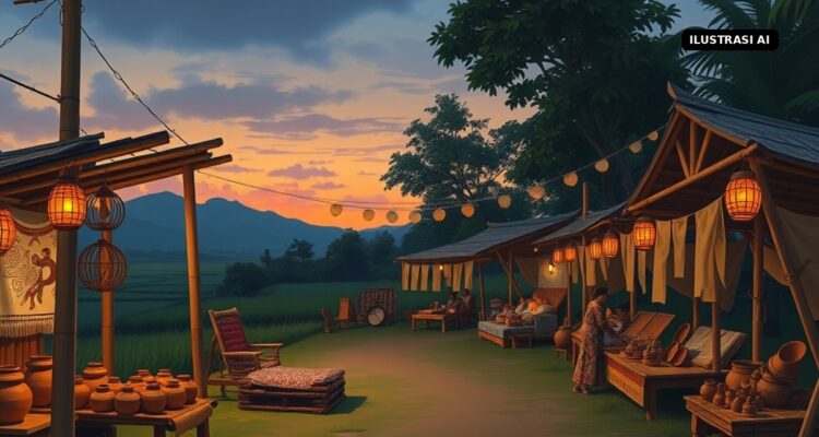 Ilustrasi AI suasana festival desa wisata dengan stan kerajinan dan lampion