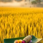 Ilustrasi AI sawah padi menguning di pagi hari dengan sesaji tradisional