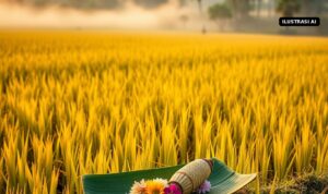 Festival Mbok Sri 2026 Digelar di Delanggu 25–27 September, Ada Kirab dan Wiwitan di Sawah Ilustrasi AI sawah padi menguning di pagi hari dengan sesaji tradisional