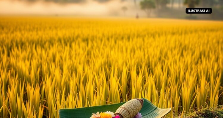 Ilustrasi AI sawah padi menguning di pagi hari dengan sesaji tradisional