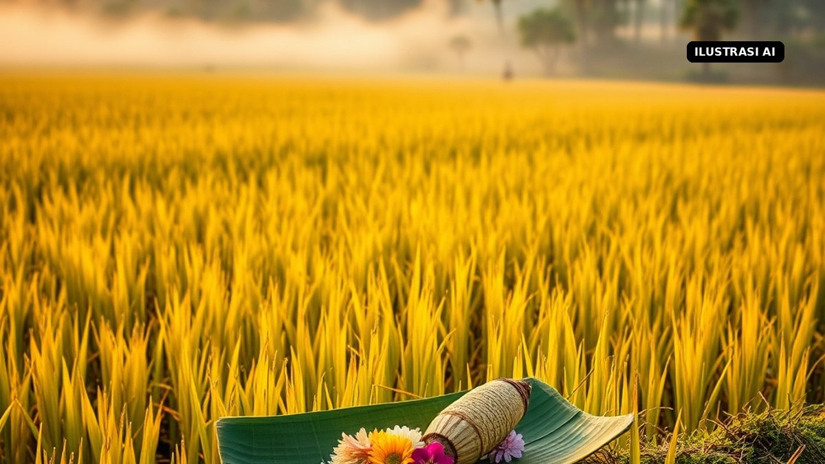 Ilustrasi AI sawah padi menguning di pagi hari dengan sesaji tradisional