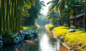 Ilustrasi sungai kecil di desa dengan karung sampah hasil bersih sungai di tepiannya