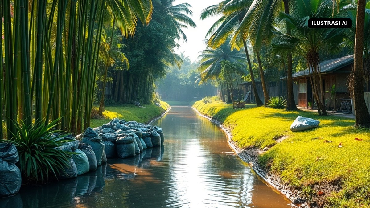 Ilustrasi sungai kecil di desa dengan karung sampah hasil bersih sungai di tepiannya