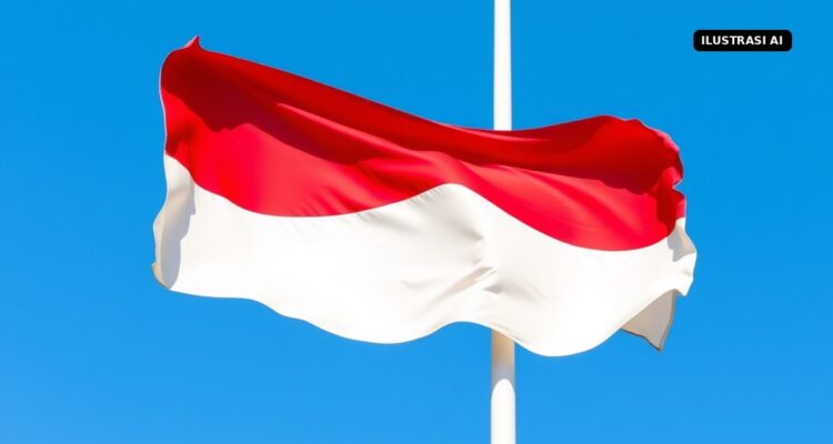 Ilustrasi AI bendera Merah Putih berkibar di langit biru