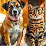 Ilustrasi AI anjing dan kucing peliharaan duduk berdampingan