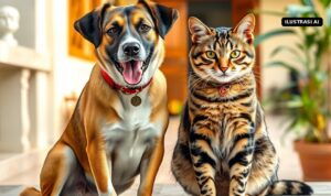 Hari Rabies Sedunia: Jateng Bebas Rabies Sejak 1997, Pemprov Siapkan 10 Ribu Vaksin Gratis untuk Anjing dan Kucing Ilustrasi AI anjing dan kucing peliharaan duduk berdampingan
