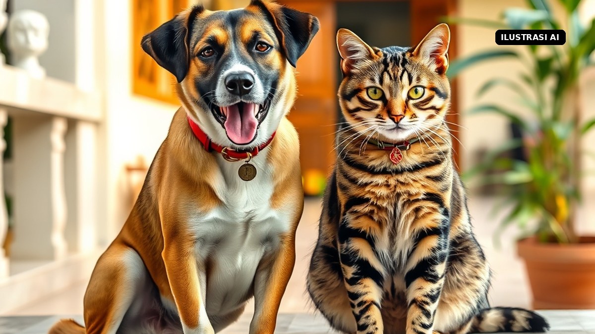 Ilustrasi AI anjing dan kucing peliharaan duduk berdampingan