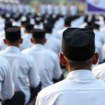 Ilustrasi AI jemaah berpakaian putih dan berpeci hitam duduk di sebuah pengajian