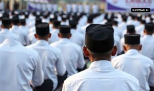 Ilustrasi AI jemaah berpakaian putih dan berpeci hitam duduk di sebuah pengajian