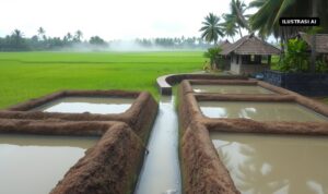 Ilustrasi AI kolam ikan tanah dengan air keruh di tepi sawah