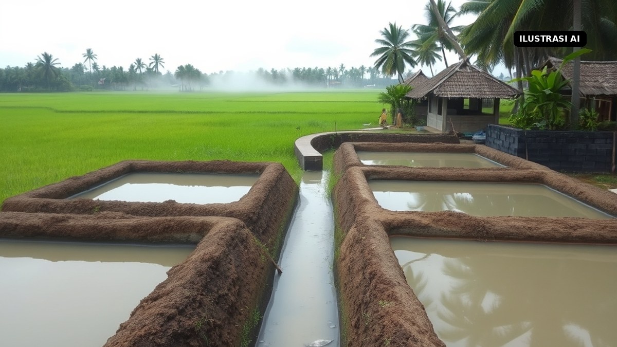 Ilustrasi AI kolam ikan tanah dengan air keruh di tepi sawah