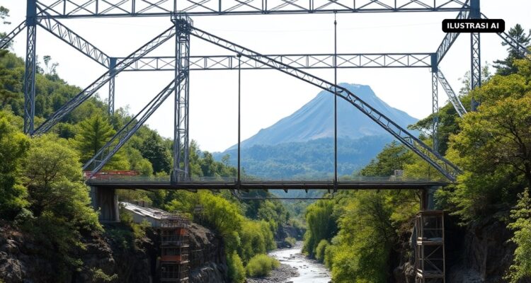 Ilustrasi AI rangka baja jembatan dalam tahap konstruksi di atas sungai berbatu