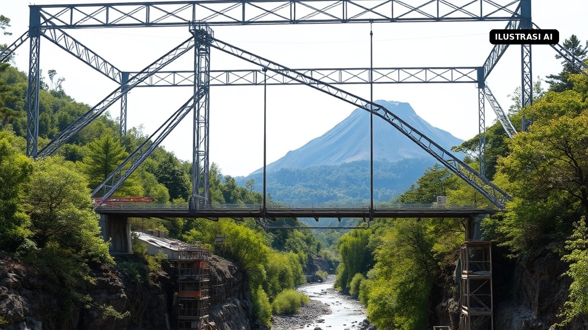 Ilustrasi AI rangka baja jembatan dalam tahap konstruksi di atas sungai berbatu