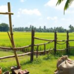 Kampung Dolanan Sidowayah Klaten Kini "BERSEMI", Wisata Permainan Tradisional Jadi Ruang Belajar Anak Ilustrasi AI egrang bambu, bakiak, dan karung goni di tepi sawah