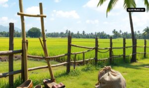 Kampung Dolanan Sidowayah Klaten Kini "BERSEMI", Wisata Permainan Tradisional Jadi Ruang Belajar Anak Ilustrasi AI egrang bambu, bakiak, dan karung goni di tepi sawah