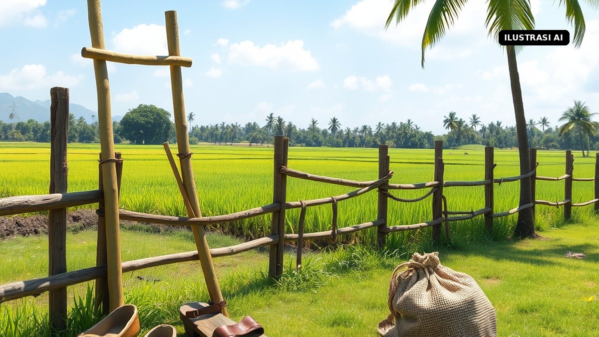 Ilustrasi AI egrang bambu, bakiak, dan karung goni di tepi sawah