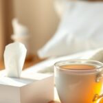 Ilustrasi AI secangkir minuman hangat dan tisu di meja samping tempat tidur