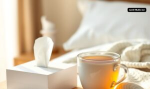 Kasus Influenza Naik, Menkes Minta Warga Tak Panik dan Tak Minum Oseltamivir Sembarangan Ilustrasi AI secangkir minuman hangat dan tisu di meja samping tempat tidur