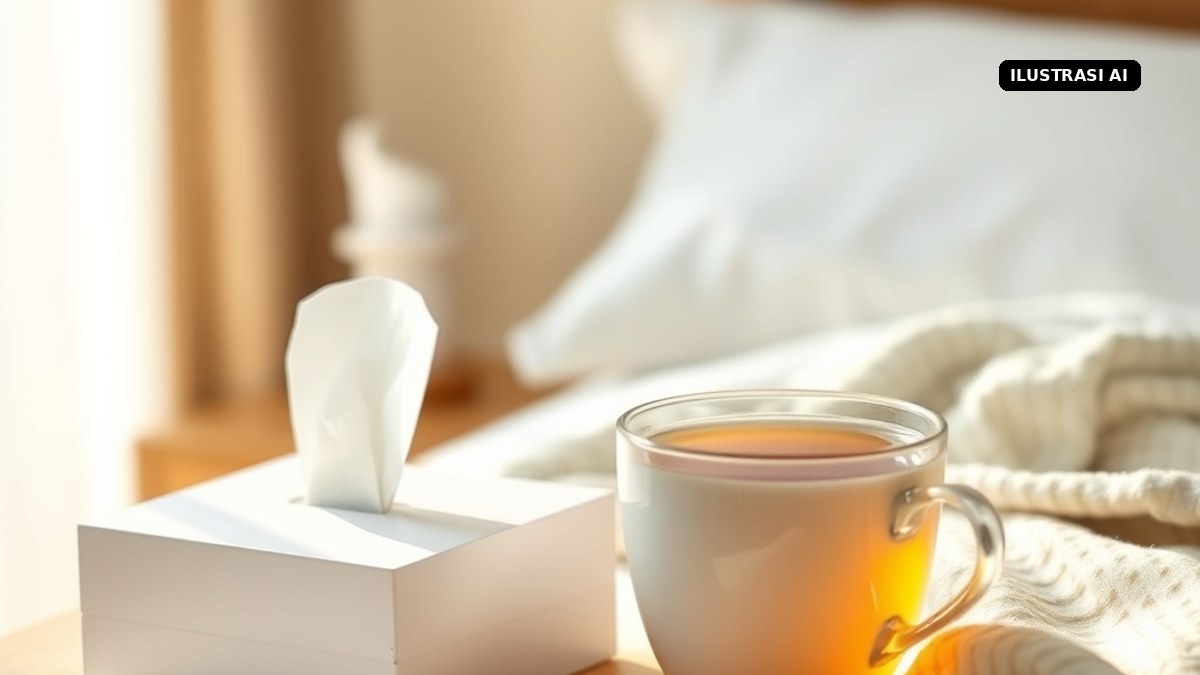 Ilustrasi AI secangkir minuman hangat dan tisu di meja samping tempat tidur