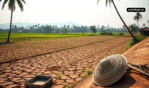 Ilustrasi sawah kering retak saat kemarau dengan caping tergeletak di pematang