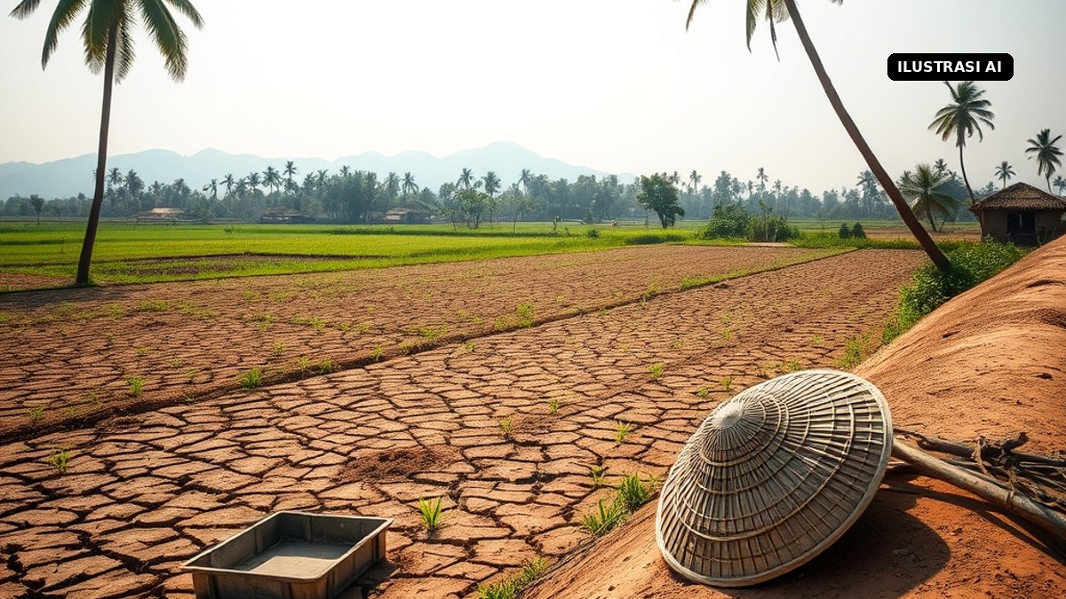 Ilustrasi sawah kering retak saat kemarau dengan caping tergeletak di pematang