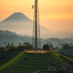Ilustrasi AI menara telekomunikasi di bukit terasering desa dengan latar gunung