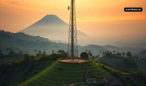 Komdigi Bagi Desa ke Zona Hijau, Kuning, Merah untuk Bangun Internet, Ini Standar Kecepatannya Ilustrasi AI menara telekomunikasi di bukit terasering desa dengan latar gunung