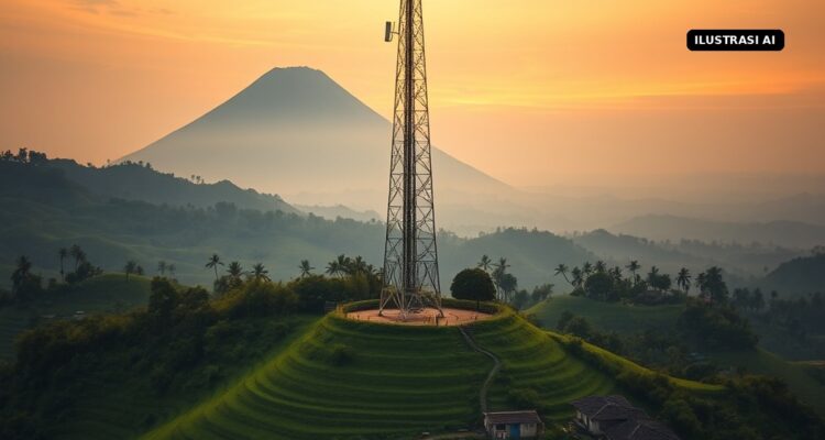 Ilustrasi AI menara telekomunikasi di bukit terasering desa dengan latar gunung