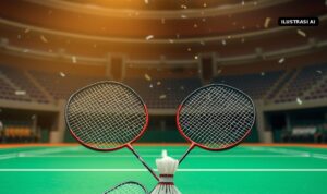 Ilustrasi AI raket dan kok bulu tangkis di lapangan pertandingan