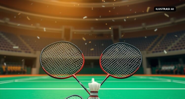 Putra Wonosari Klaten Leo Rolly Carnando Raih Emas Ganda Putra Asian Games 2026 Bersama Daniel Marthin Ilustrasi AI raket dan kok bulu tangkis di lapangan pertandingan