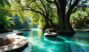 Wisata Air OMAC Umbul Cokro Tulung Klaten: Tiket Rp15.000, Ada River Tubing hingga Waterboom Ilustrasi AI kolam mata air jernih kebiruan di bawah pepohonan rindang