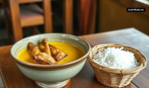 Ilustrasi AI opor bebek berkuah kuning di mangkuk dengan sebakul nasi
