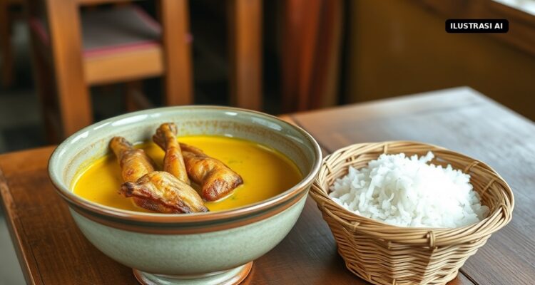 Ilustrasi AI opor bebek berkuah kuning di mangkuk dengan sebakul nasi