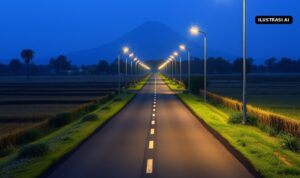Ilustrasi AI jalan desa dengan lampu penerangan jalan menyala saat senja