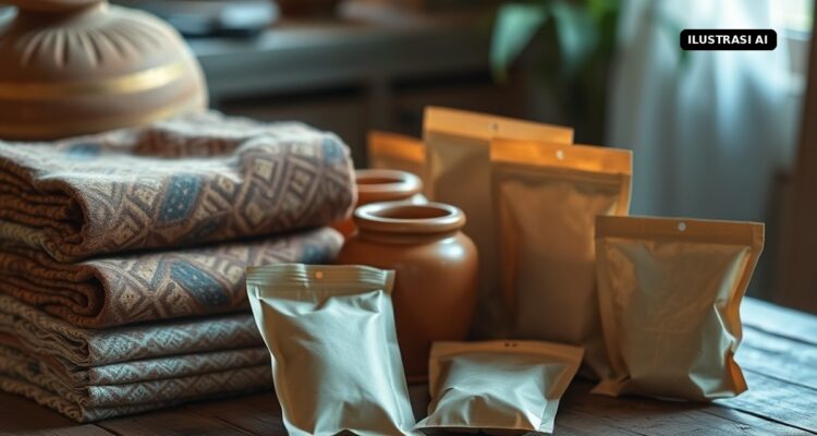 Bupati Klaten Minta UMKM Daftarkan Merek Sejak Usaha Masih Kecil, Tarif UMK Rp500.000 Ilustrasi AI produk UMKM: kain batik, gerabah, dan kemasan kraft polos di meja kayu