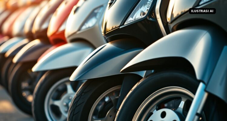 Ilustrasi deretan sepeda motor skuter terparkir diterpa cahaya sore