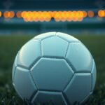 Ilustrasi bola sepak di atas rumput stadion saat senja
